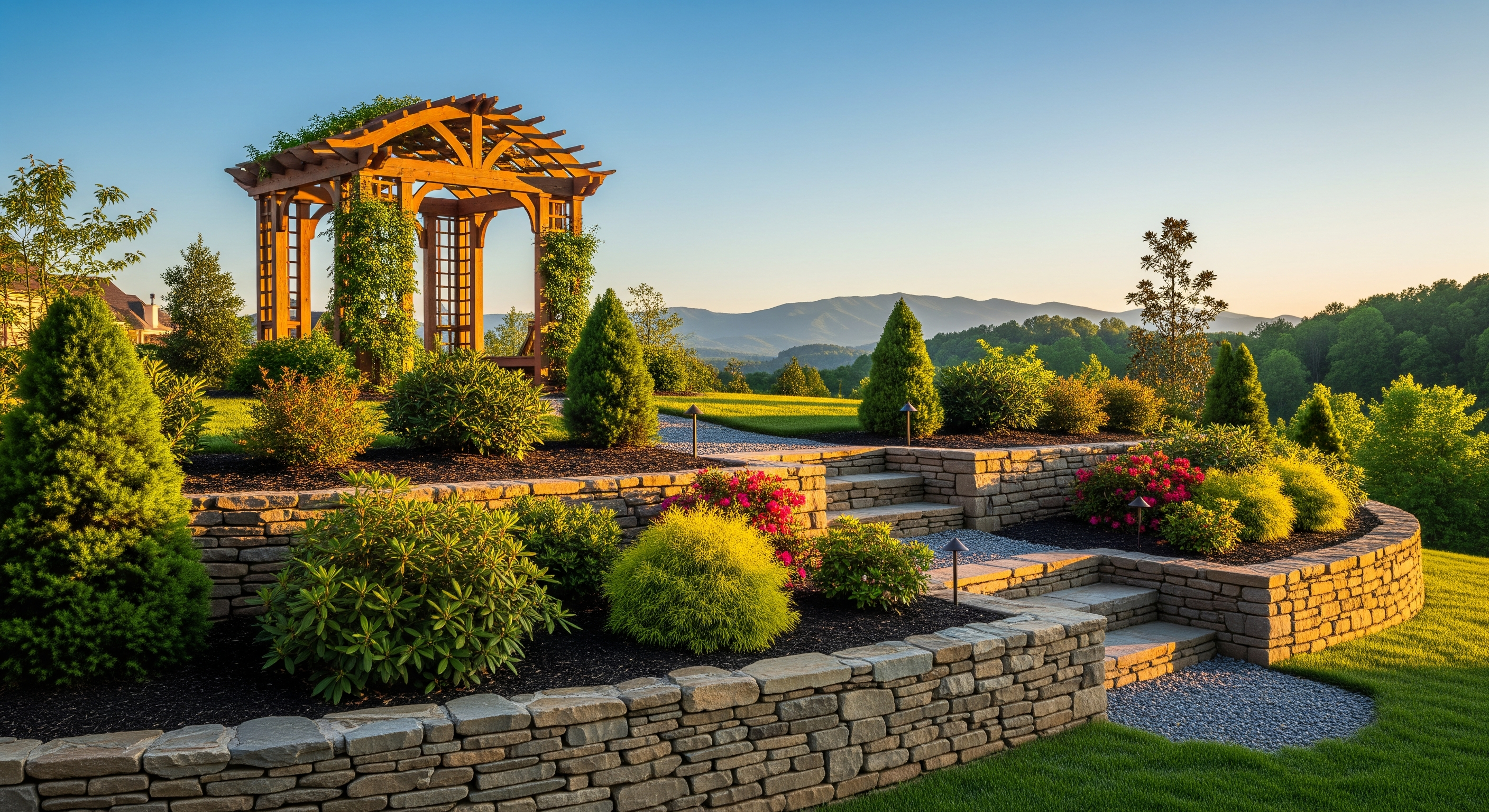 Finished North Georgia landscape with stone terraces, planting beds, and mountain view