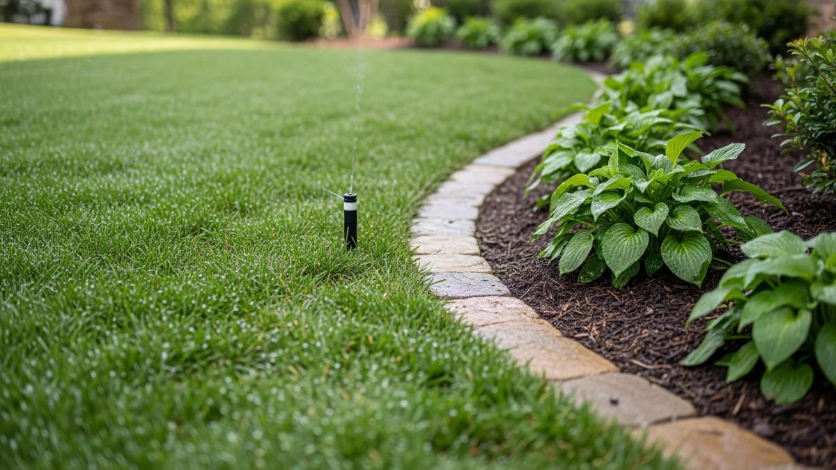 Irrigation sprinkler running next to clean plant bed edging