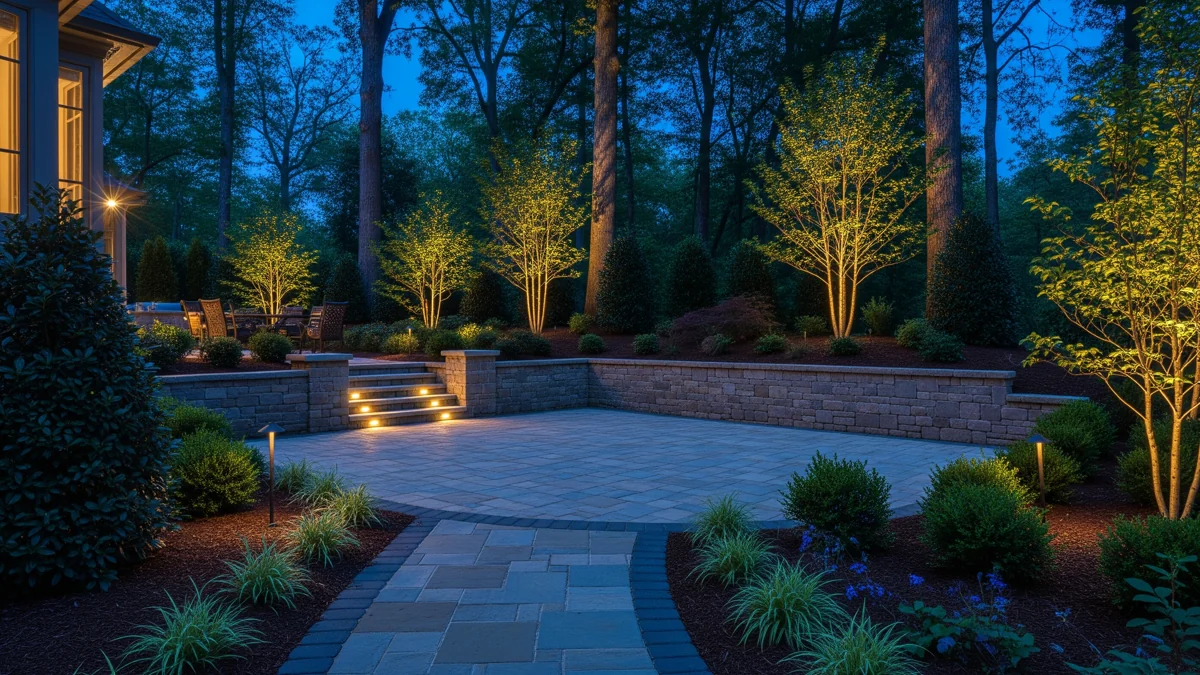 Outdoor patio and landscape lighting at blue hour