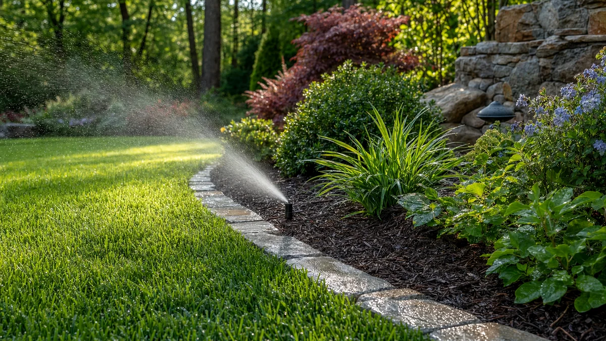 Irrigation sprinkler running next to clean plant bed edging