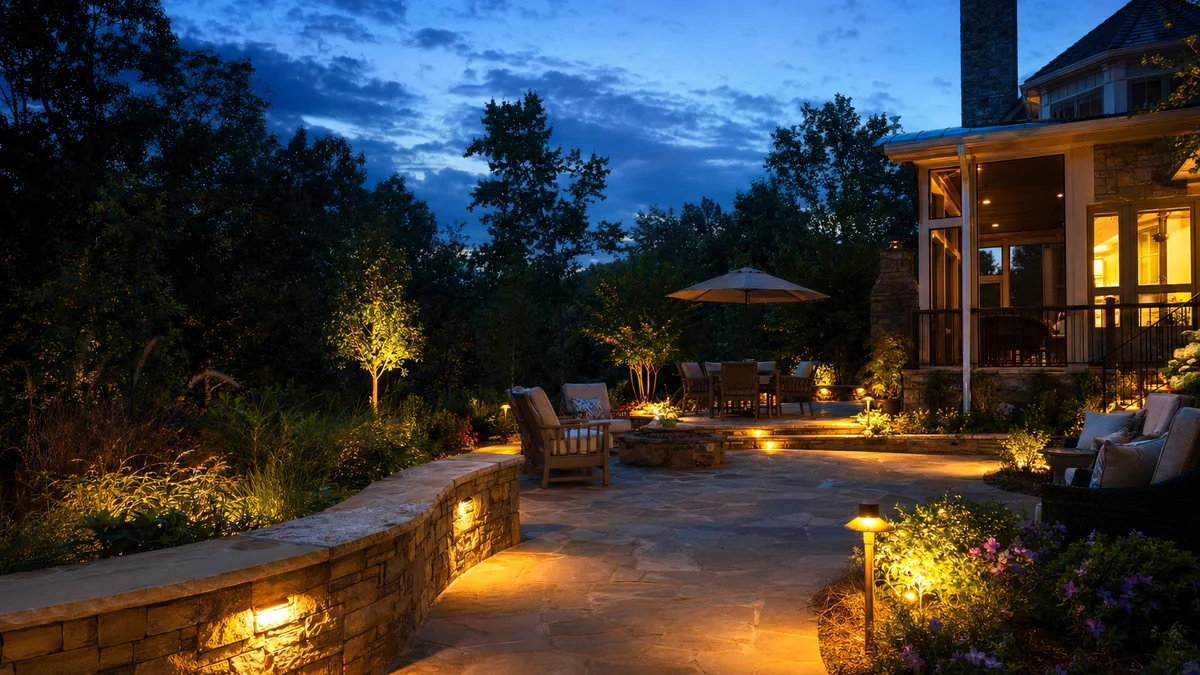 Outdoor patio and landscape lighting at blue hour